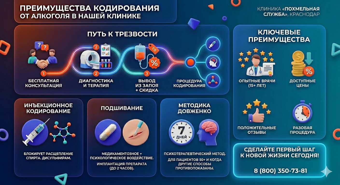 Инфографика о методах кодирования от алкоголя в Иглино: инъекции, подшивание, метод Довженко. Преимущества клиники и этапы лечения.