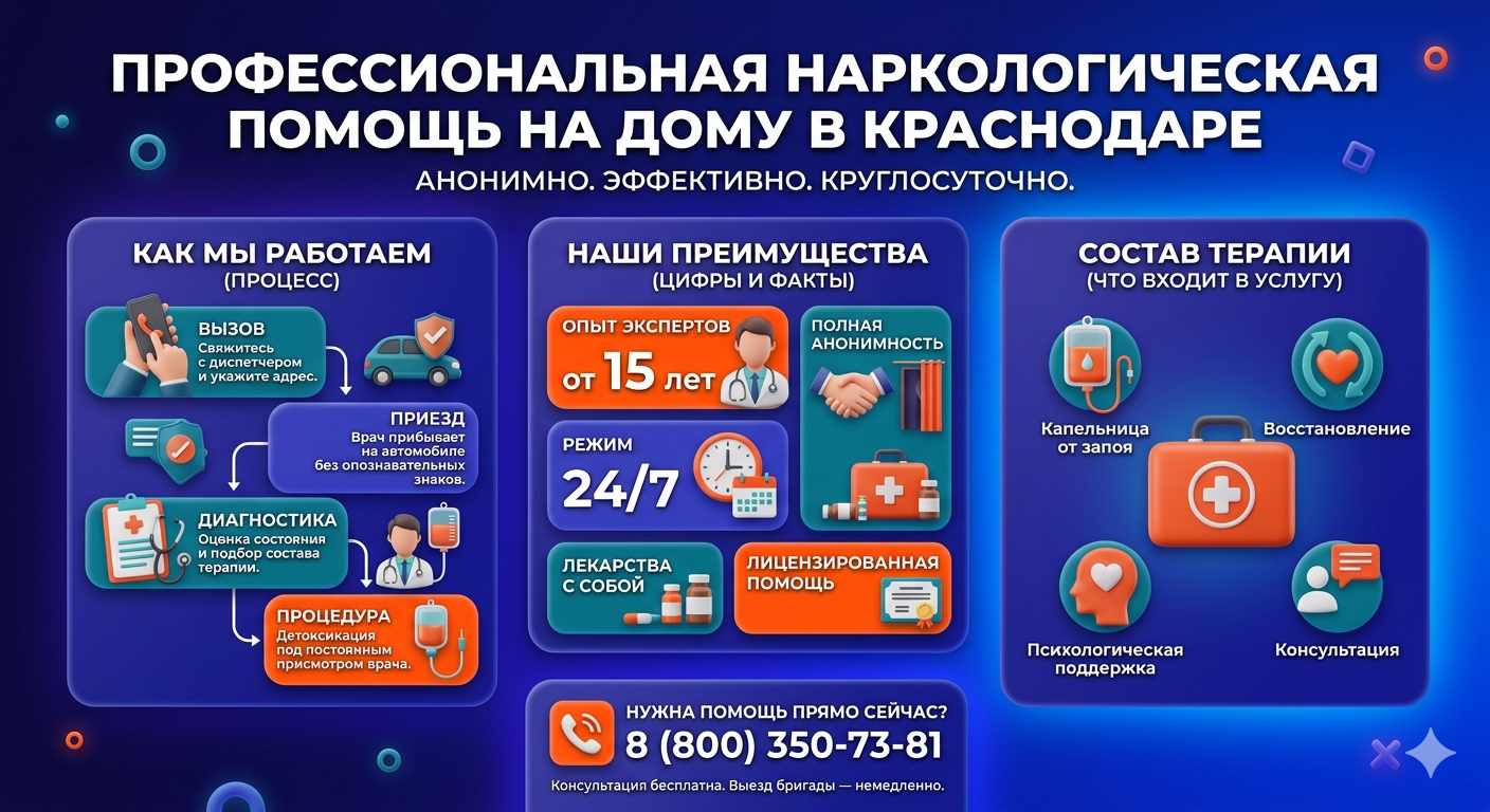 Инфографика о принципах лечения алкоголизма на дому в Иглино: этапы вызова нарколога, преимущества анонимной детоксикации и состав медицинской помощи.